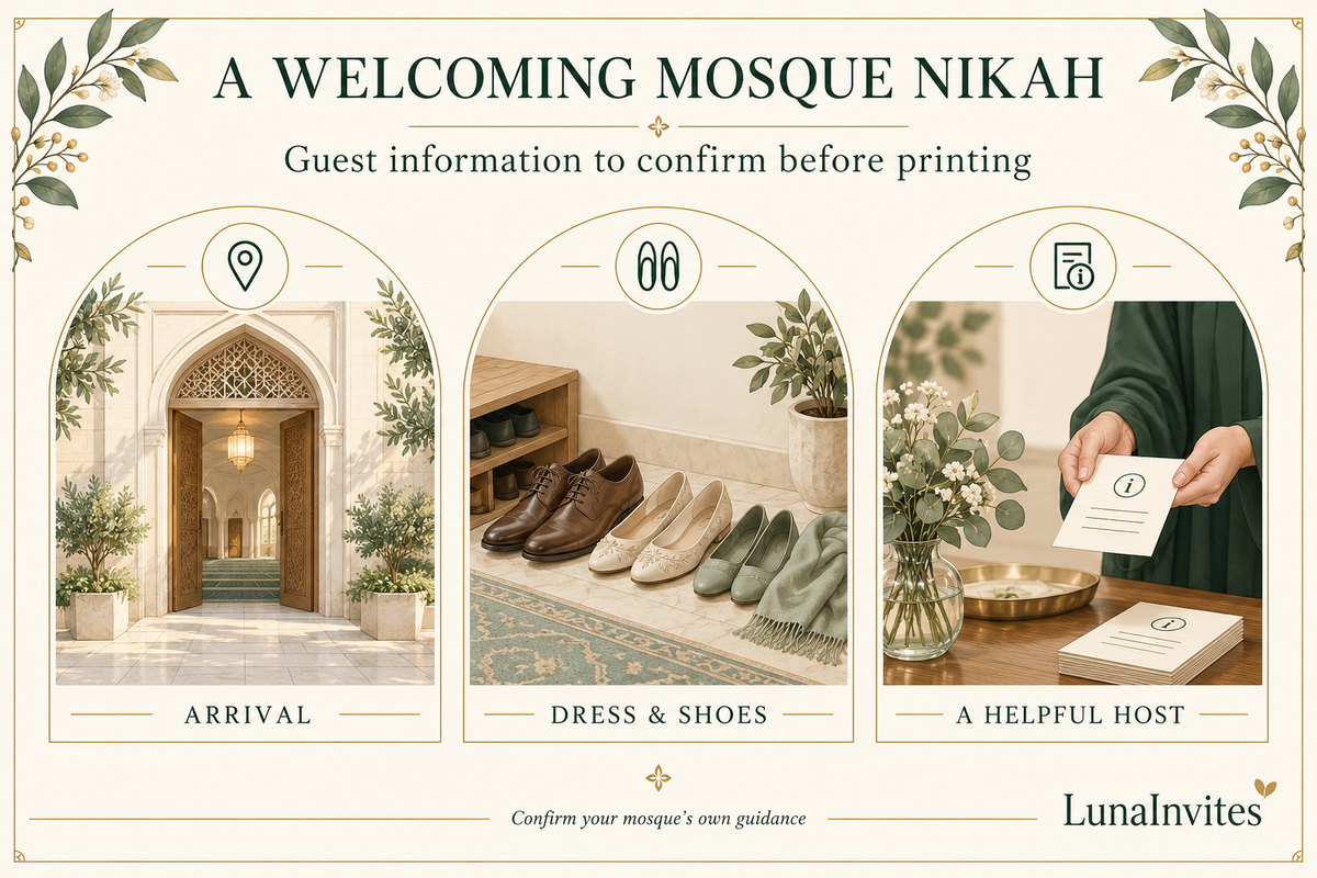 LunaInvites educational illustration of mosque Nikah guest planning: arrival, dress and shoes, and a helpful host.