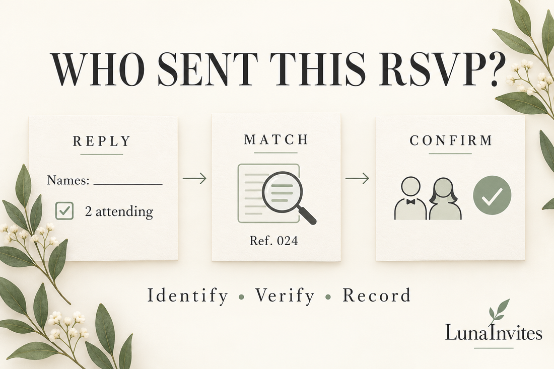 Schema didattico LunaInvites con un cartoncino RSVP senza nome, riferimento al nucleo familiare 024 e ospiti confermati: identificare, verificare e registrare.