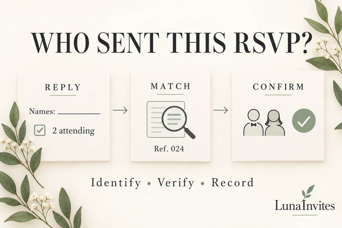 LunaInvites educational diagram showing an unnamed RSVP card, household reference 024, and confirmed guests: identify, verify, and record.