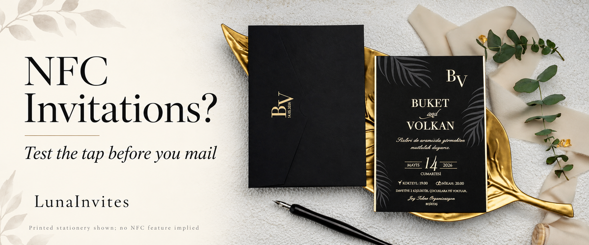 LunaInvites black botanical paper invitation and envelope beside NFC testing guidance; AI-assisted layout, no NFC feature implied.