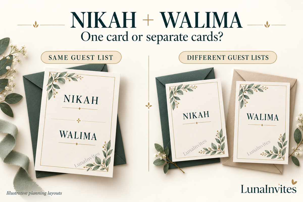 Illustrated Nikah and Walima card layouts: one combined card for the same guest list and separate cards for different guest lists, with LunaInvites watermarks.