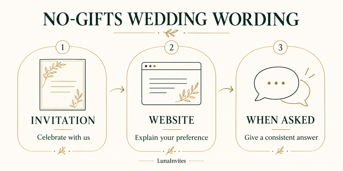 LunaInvites no-gifts wedding communication guide: invite guests to celebrate, explain your preference on the website, and give a consistent answer when asked.