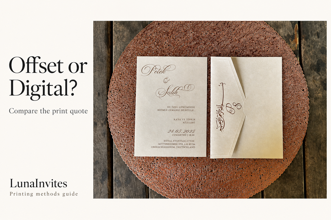 Composizione con IA LunaInvites: invito in carta crema e busta calligrafica abbinata accanto a titolo Offset or Digital? Compare the print quote.