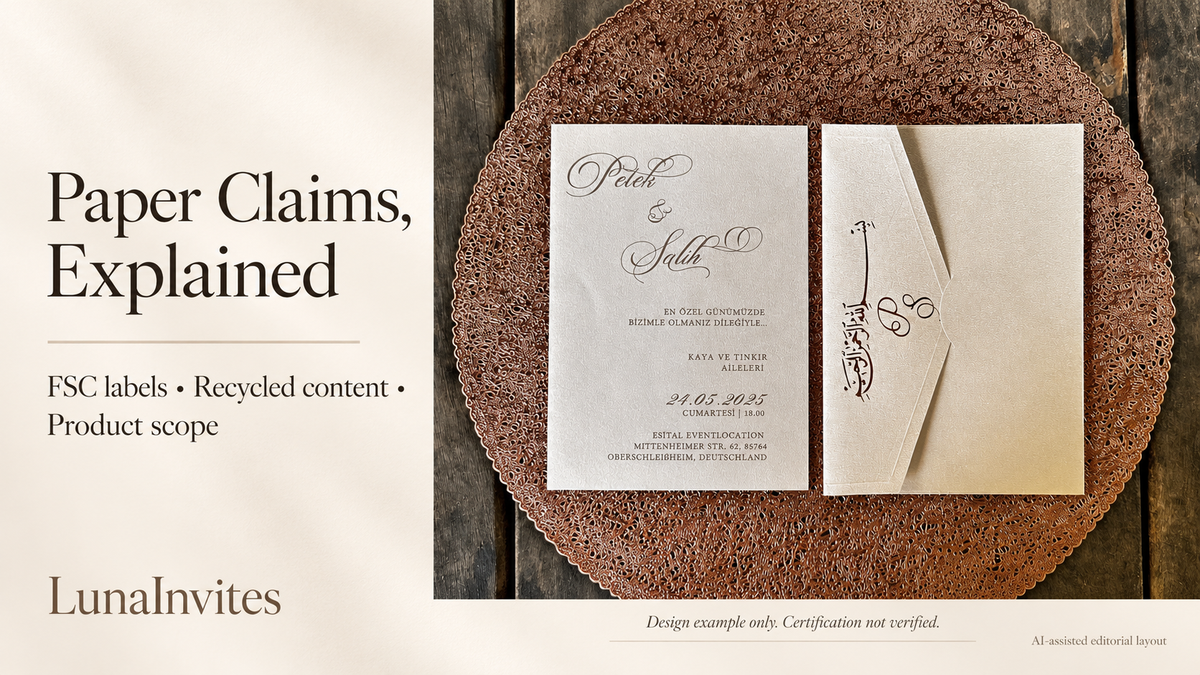 LunaInvites cream paper invitation and matching envelope beside paper-claim guidance; AI-assisted layout labeled design example, certification not verified.