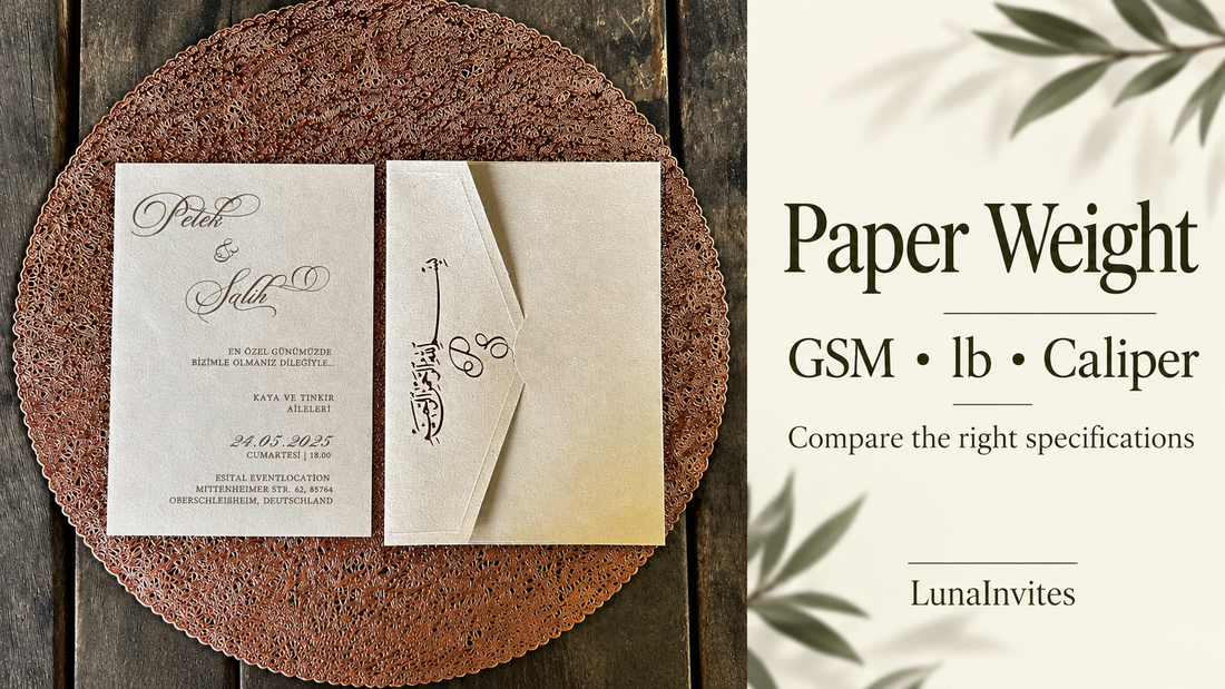 Composizione editoriale con IA LunaInvites con un invito in carta crema e una busta calligrafica abbinata accanto a «Paper Weight, GSM, lb / Caliper».