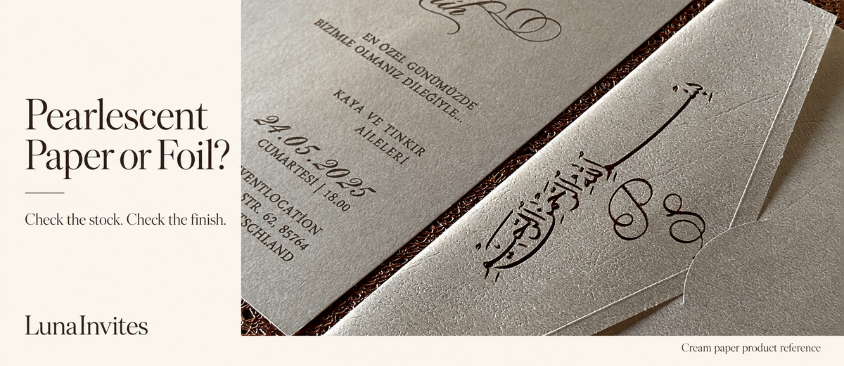 LunaInvites cream paper invitation and calligraphy envelope in an AI-assisted editorial layout for a pearlescent paper versus foil buying guide.
