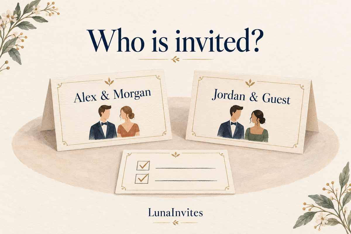 LunaInvites illustration of named guests and an open plus-one on two cards, with a reply checklist under “Who is invited?”