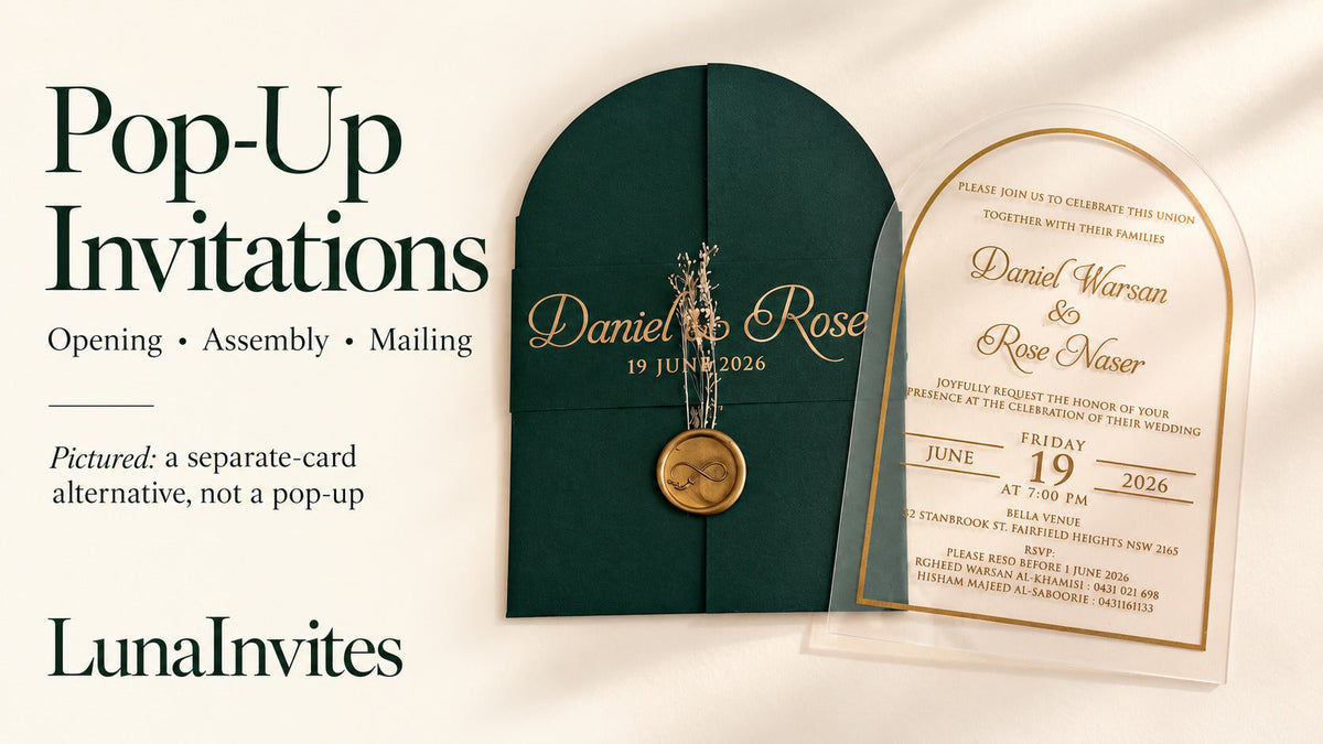 LunaInvites pop-up invitation guide beside its real green gatefold cover and flat arched acrylic card, clearly labeled a separate-card alternative; AI-assisted layout.