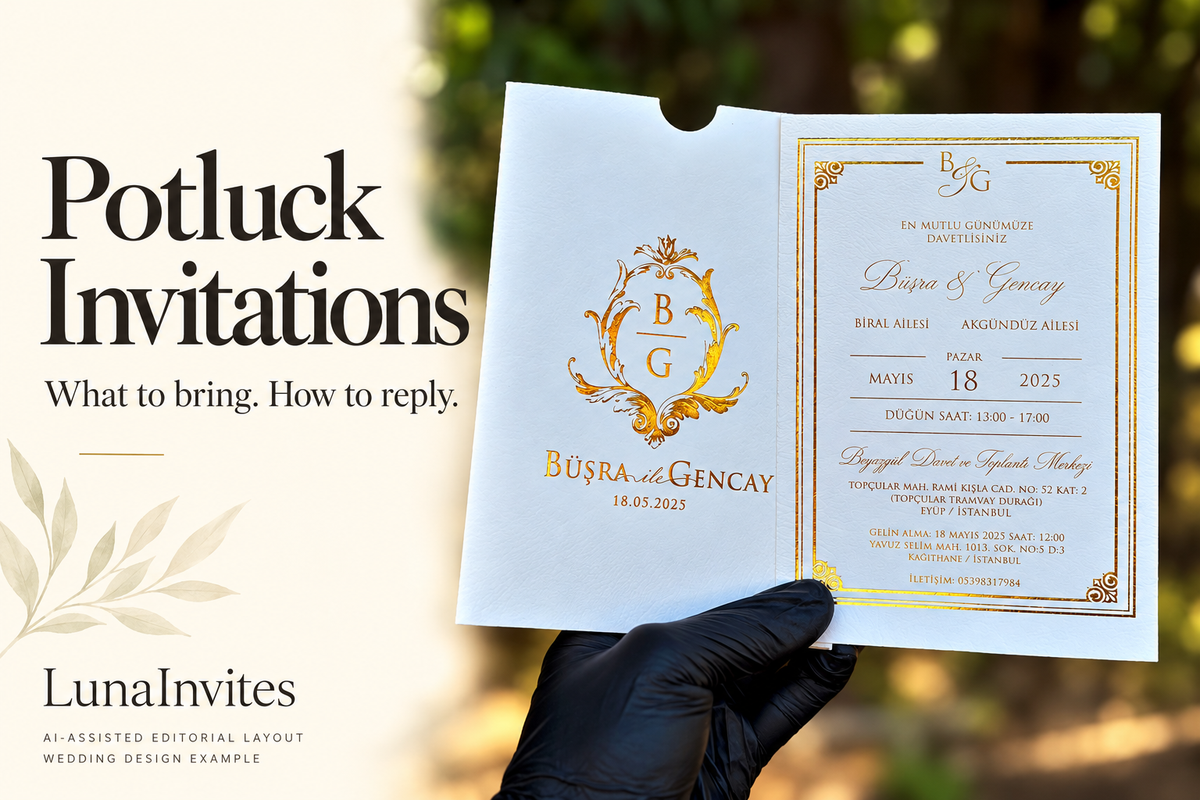 LunaInvites white-and-gold paper wedding invitation and monogram sleeve beside potluck invitation wording guidance; AI-assisted editorial layout using the store photo.