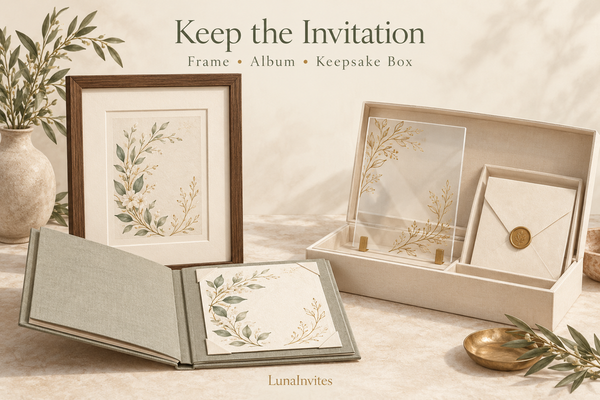 LunaInvites keepsake illustration showing a matted botanical invitation, an open album with corner mounts, and a box with a clear acrylic card and envelope.