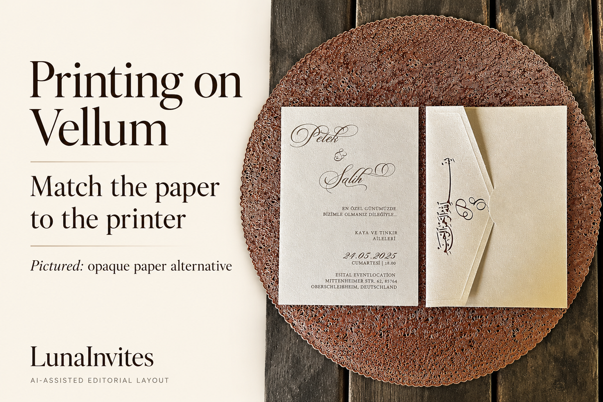 LunaInvites vellum-printing guide cover featuring its cream paper invitation and matching envelope as an opaque alternative; AI-assisted layout.