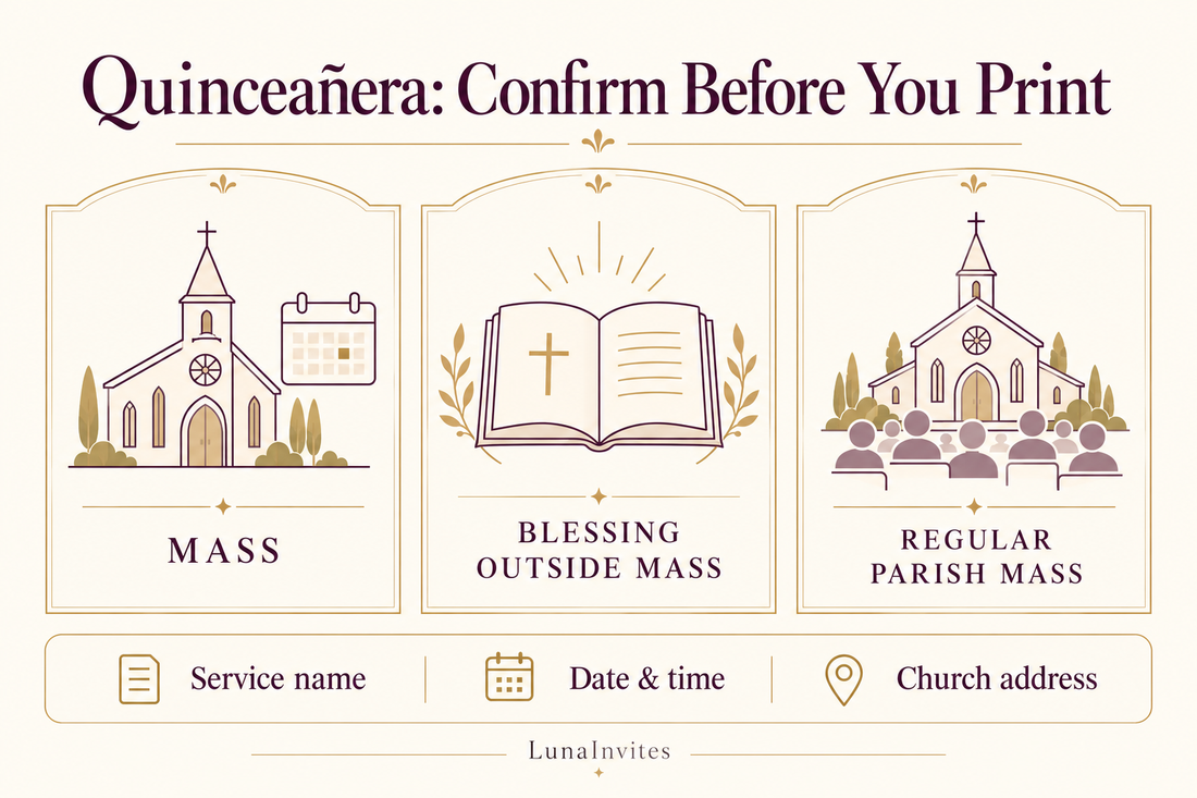 Illustrazione didattica LunaInvites che confronta una messa per la quinceañera, una benedizione fuori dalla messa e una normale messa parrocchiale, con controlli su nome della celebrazione, data, orario e indirizzo della chiesa.
