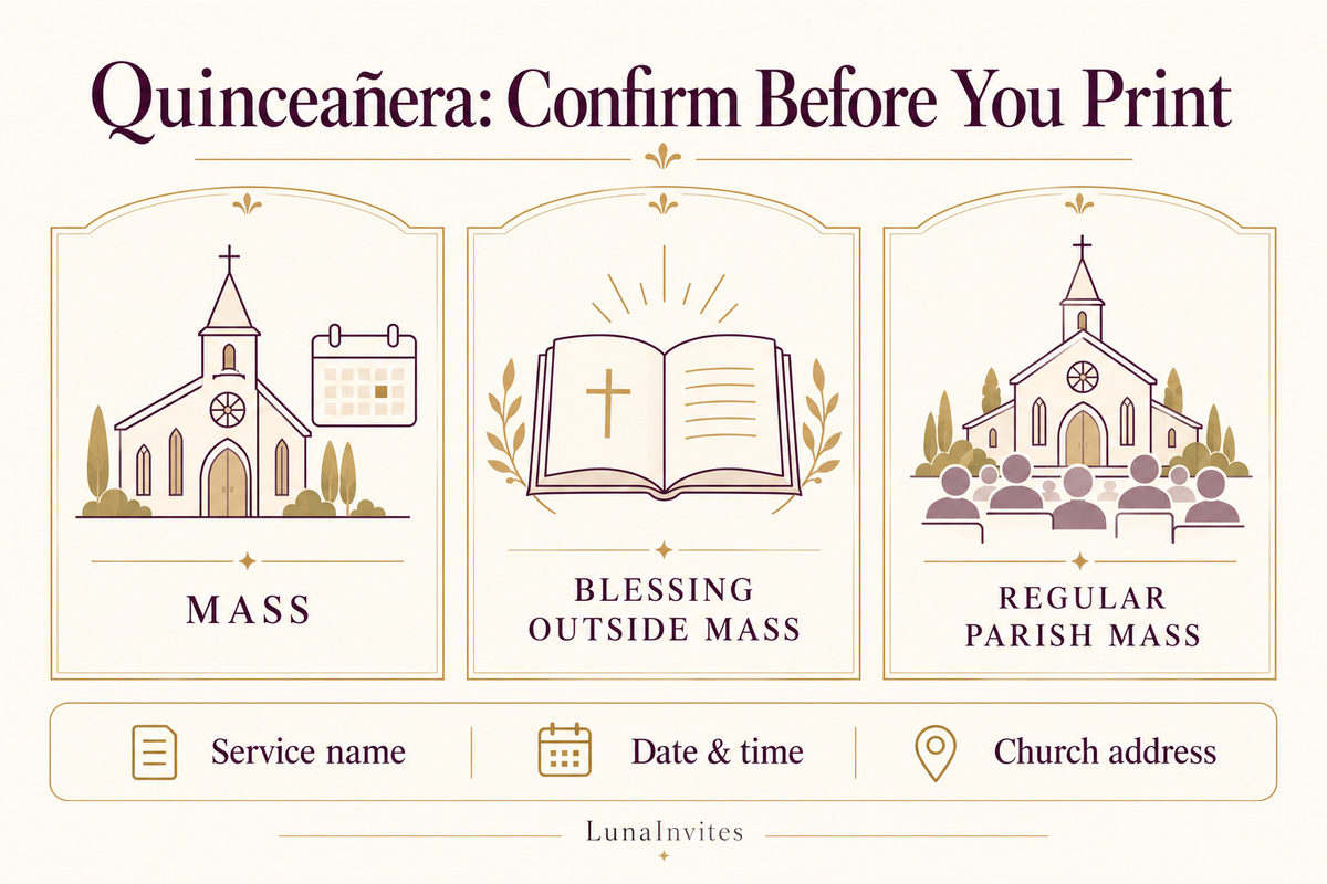 LunaInvites educational illustration comparing a Quinceañera Mass, blessing outside Mass, and regular parish Mass, with service name, date, time, and church address checks.