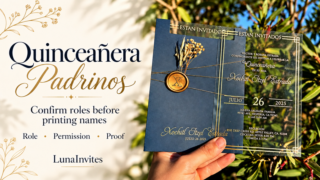 Invito Quinceañera in acrilico trasparente con busta blu navy, sigillo dorato e fiori secchi LunaInvites accanto a una guida su ruoli, permessi e bozze; composizione con IA basata sulla foto del negozio.