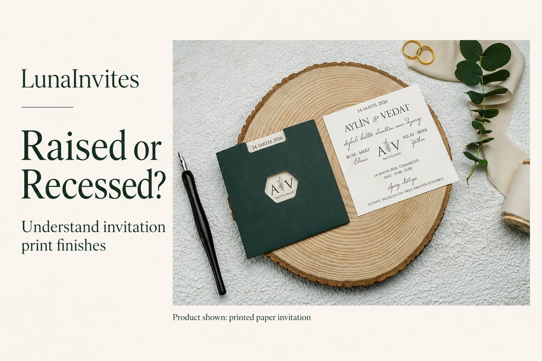 Composizione editoriale con IA LunaInvites con una busta verde con finestra esagonale e un invito stampato in carta bianca accanto a «Raised or Recessed?».