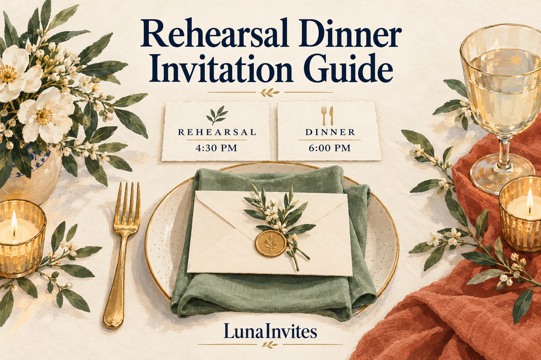 Guida illustrata LunaInvites alla cena di prova con cartoncini separati per la prova delle 16:30 e la cena delle 18:00 sopra una tavola decorata con elementi botanici.