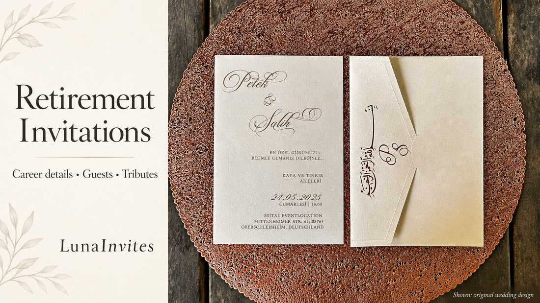 Composição com IA da LunaInvites: cartão de casamento creme original e envelope a condizer junto de guia de convites de reforma.