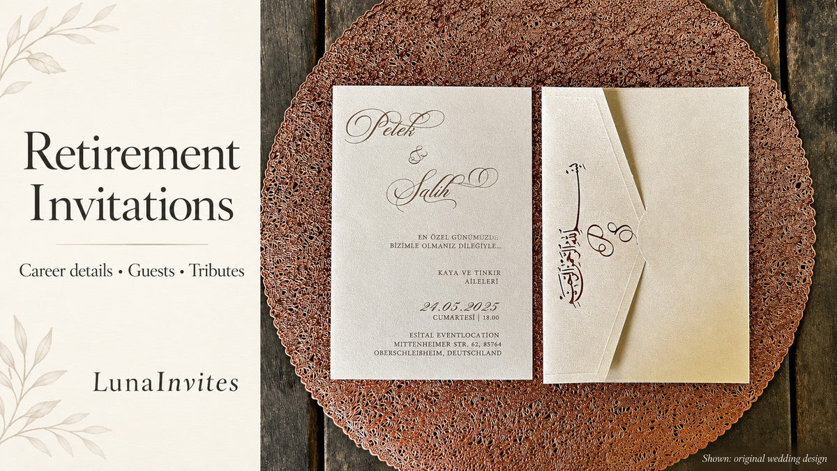 LunaInvites retirement-invitation guide with an AI-assisted layout showing the original cream wedding card and matching envelope.