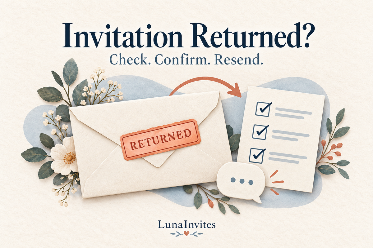 LunaInvites illustration of a returned wedding invitation envelope, a checklist, and a message bubble under “Check. Confirm. Resend.”