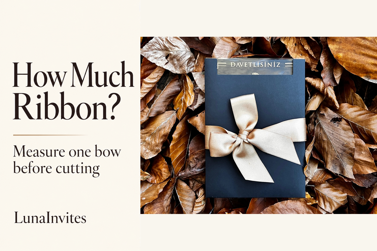 LunaInvites black window envelope and gold satin bow product photo beside How Much Ribbon? and Measure one bow before cutting; AI-assisted editorial layout.
