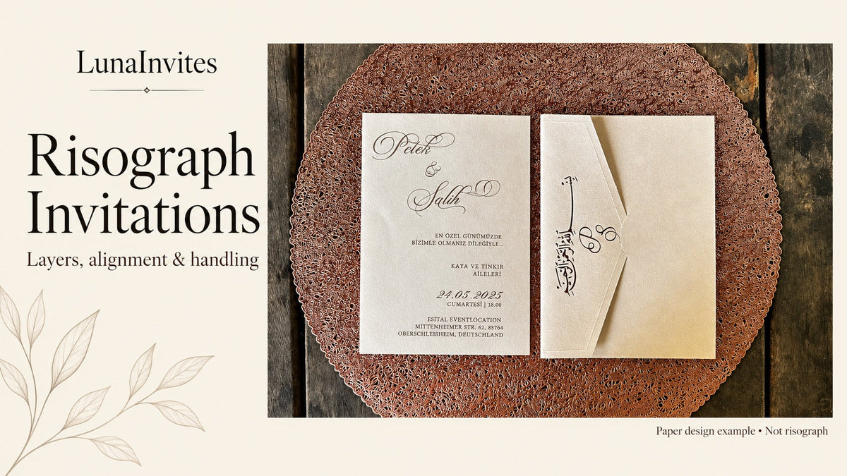 LunaInvites cream paper invitation and matching envelope in an AI-assisted risograph guide cover, labeled as a paper design example, not risograph.