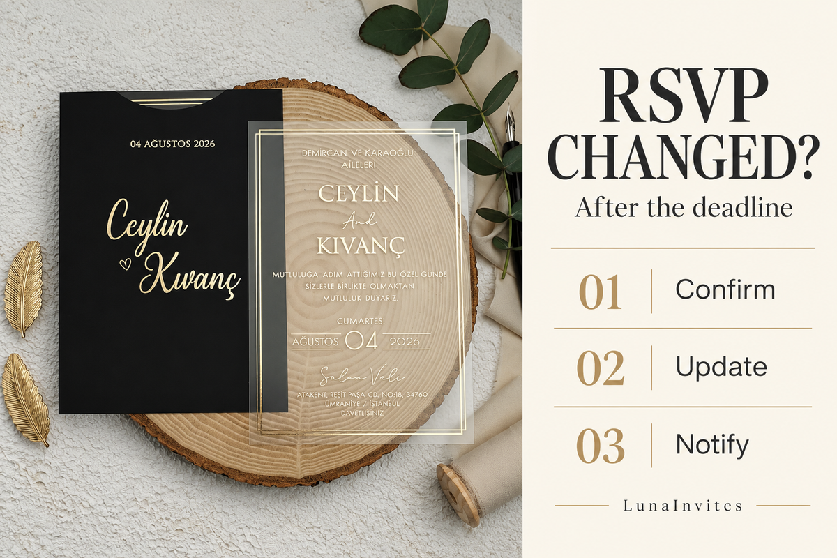 AI-assisted LunaInvites product-photo layout showing a black-envelope clear acrylic invitation beside RSVP change steps: confirm, update, notify.