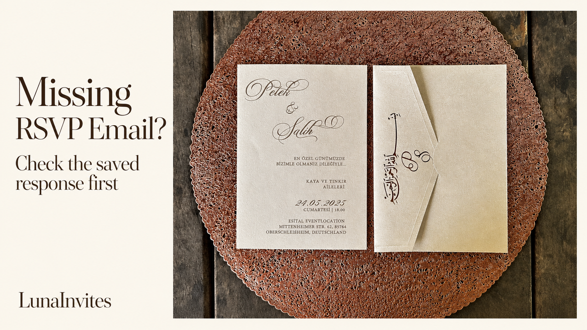 LunaInvites cream invitation and matching calligraphy envelope beside Missing RSVP Email? text; AI-assisted editorial cover.