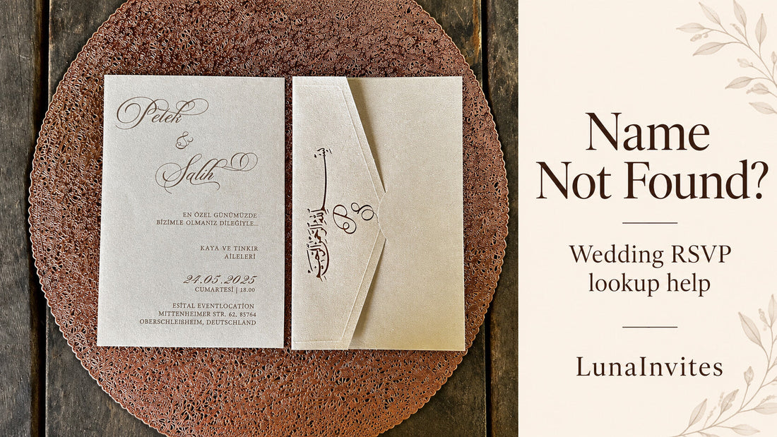 Composizione con IA LunaInvites: invito in carta crema e busta calligrafica abbinata accanto a aiuto alla ricerca RSVP nuziale Name Not Found?; prodotto reale.