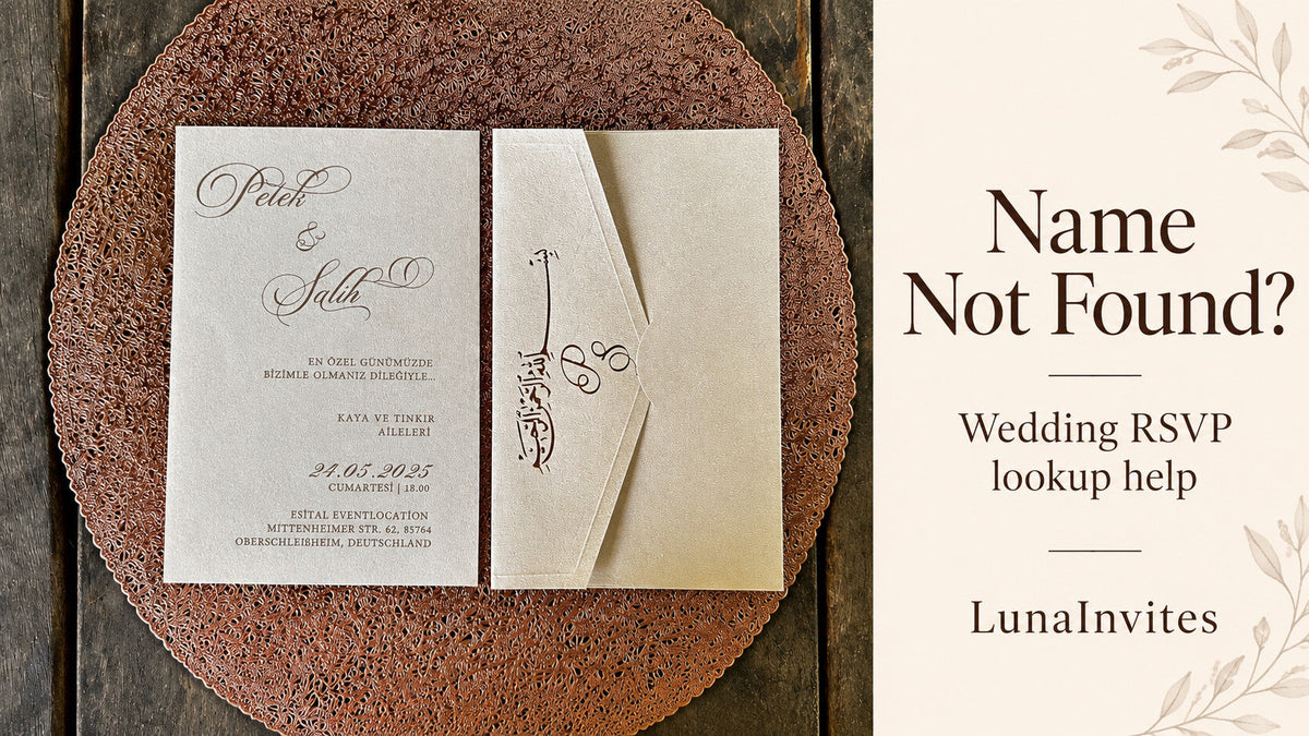 Real LunaInvites cream invitation and matching calligraphy envelope beside Name Not Found? Wedding RSVP lookup help; AI-assisted editorial cover.
