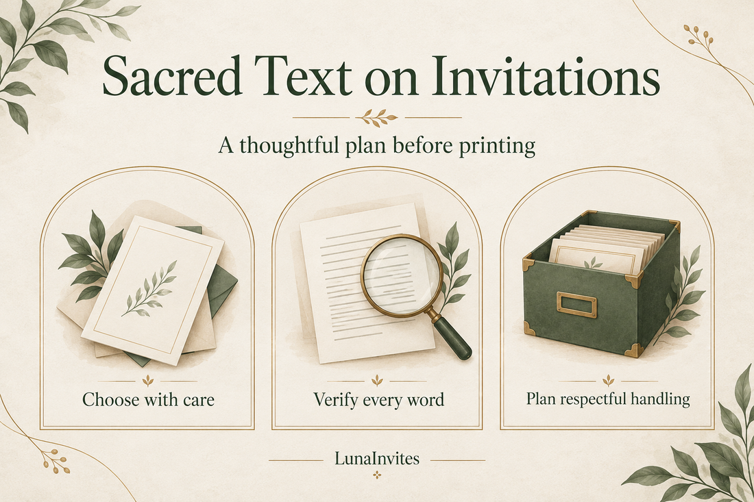 LunaInvites-Planungsgrafik zu heiligen Texten auf Hochzeitseinladungen: sorgfältig wählen, jedes Wort prüfen und respektvollen Umgang planen