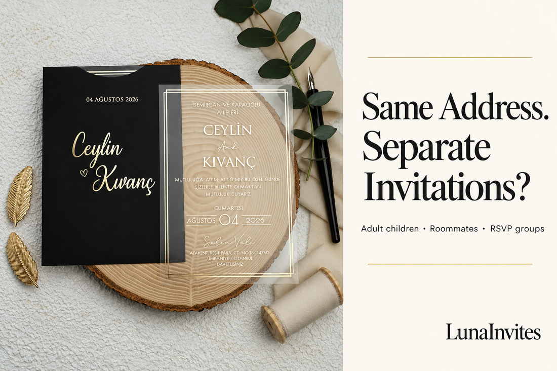 Impaginazione di una foto prodotto LunaInvites assistita dall'IA, con invito in acrilico trasparente e busta nera accanto alle indicazioni «Stesso indirizzo, inviti separati» per figli adulti e coinquilini.