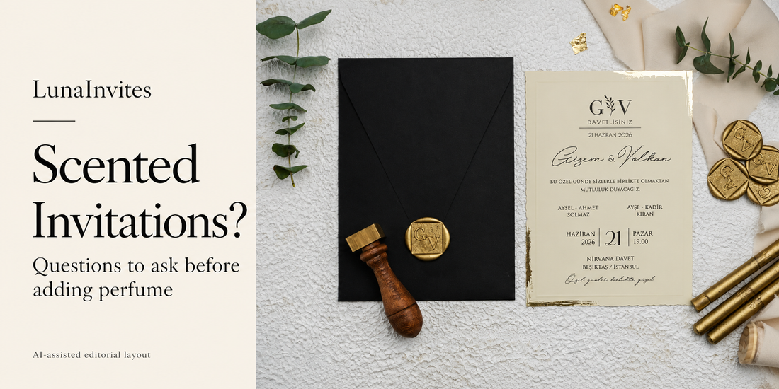 Composição com IA da LunaInvites: convite em papel marfim, envelope preto e selo de cera dourado junto de guia de convites perfumados; utensílios de composição não incluídos.