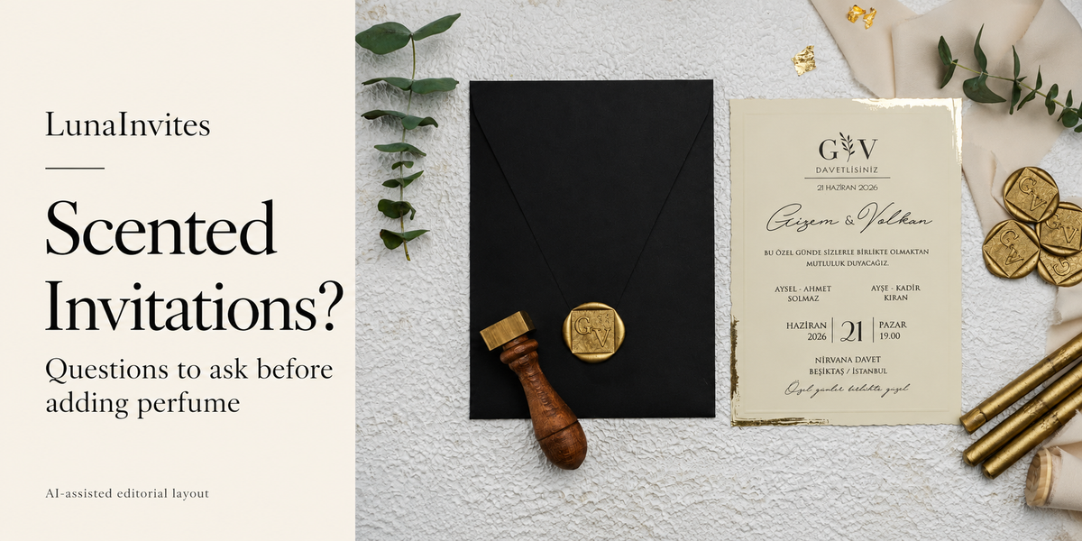 LunaInvites scented-invitation guide beside its ivory paper card, black envelope and gold wax seal; AI-assisted layout, styling tools not included.