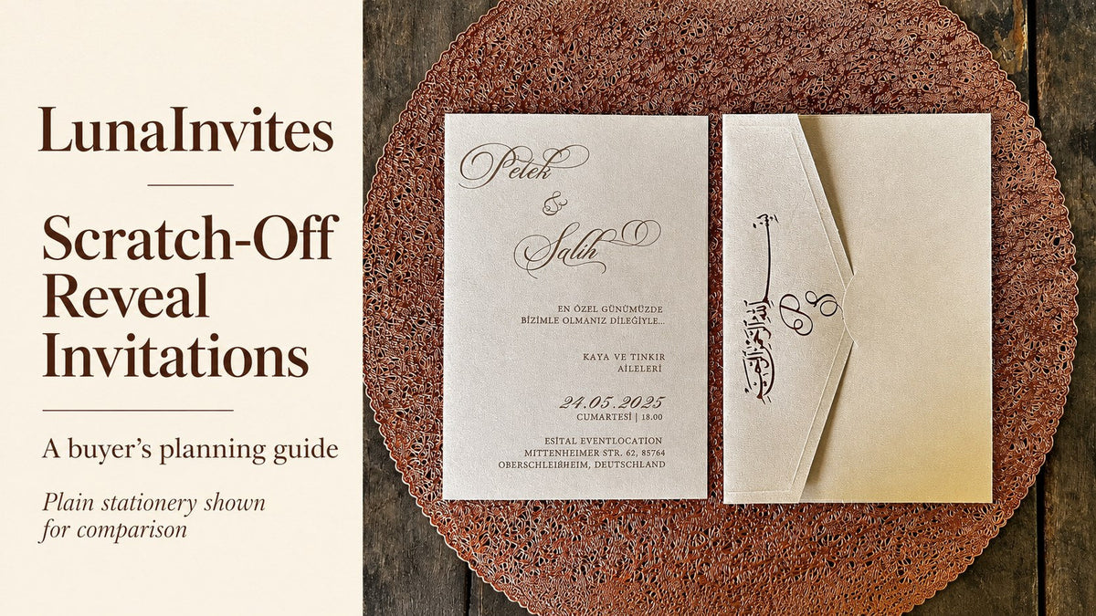 LunaInvites scratch-off reveal guide beside a real cream paper invitation and matching envelope, labeled plain stationery for comparison; AI-assisted layout.