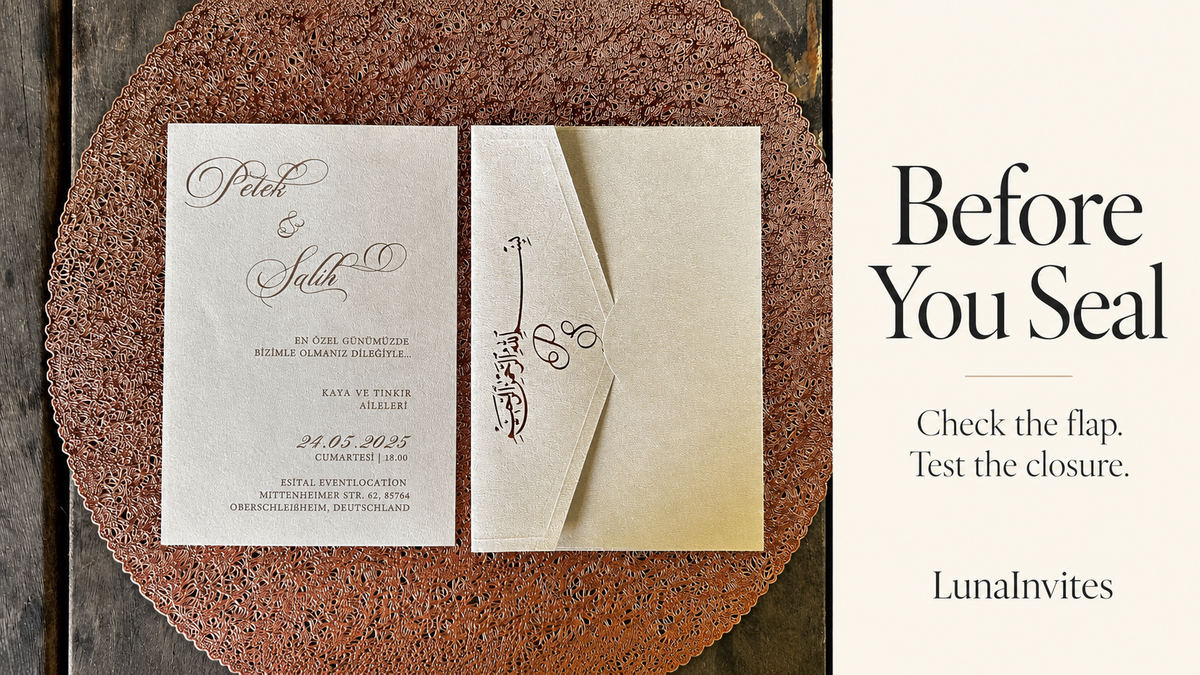 LunaInvites cream paper invitation and matching calligraphy envelope beside Before You Seal text; AI-assisted editorial layout.