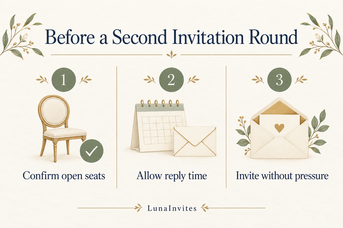 Lista illustrata LunaInvites per un secondo giro di inviti: confermare i posti disponibili, lasciare tempo per rispondere e invitare senza fare pressioni.