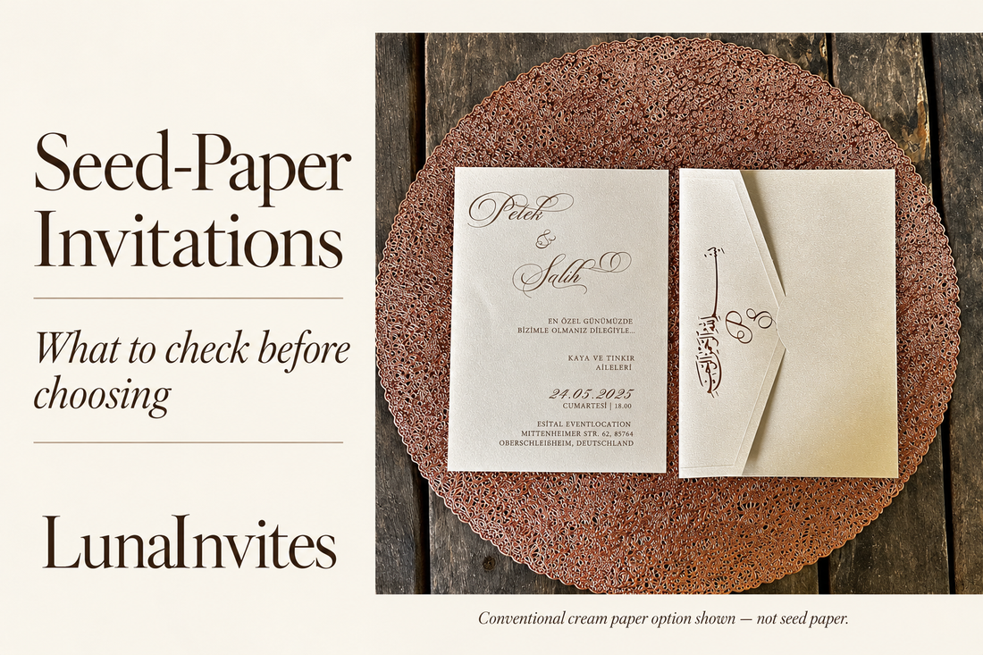Composição com IA da LunaInvites: convite em papel creme e envelope a condizer junto de guia de papel com sementes; claramente identificado como não sendo papel com sementes.