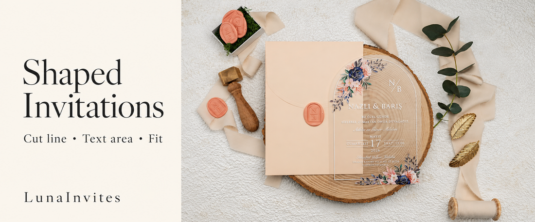 Composizione editoriale con IA LunaInvites con un invito floreale in acrilico trasparente ad arco e una busta rosa cipria accanto a «Shaped Invitations».