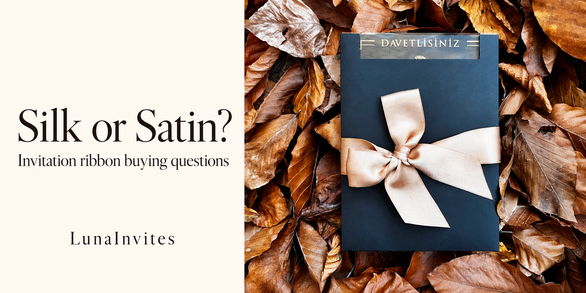 AI-assisted LunaInvites cover showing a real black window-envelope invitation with a gold satin bow beside Silk or Satin ribbon buying questions.