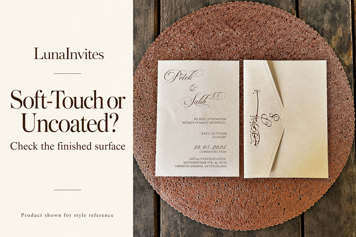 LunaInvites cream invitation and calligraphy envelope beside a soft-touch versus uncoated surface guide; AI-assisted cover, product shown for style reference.