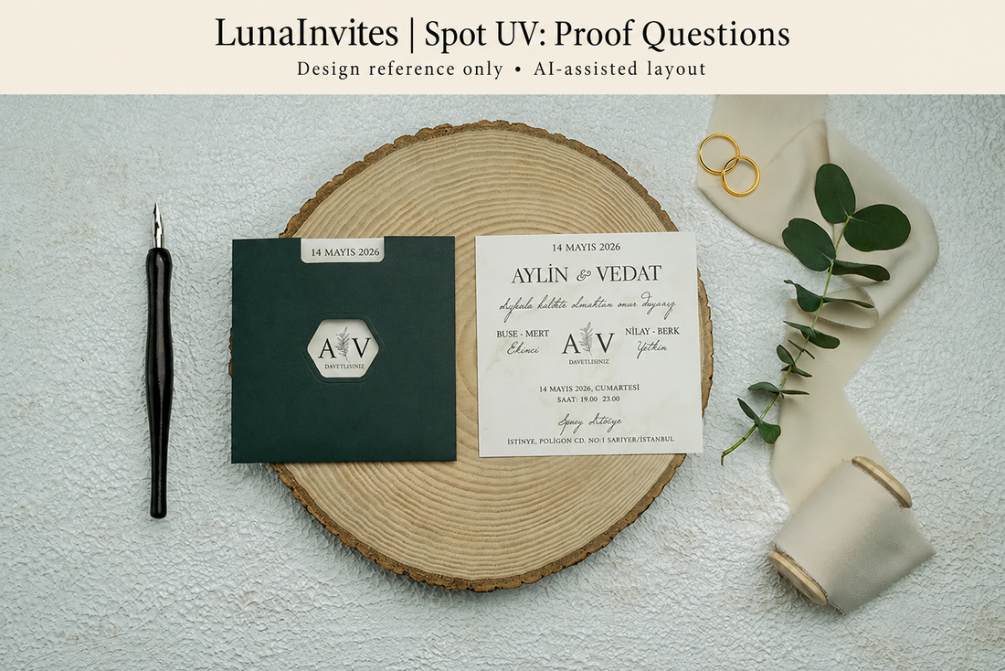 Composição com IA da LunaInvites: envelope verde e cartão de convite branco junto de capa de guia de provas de UV localizado; referência de design sem brilho adicional.