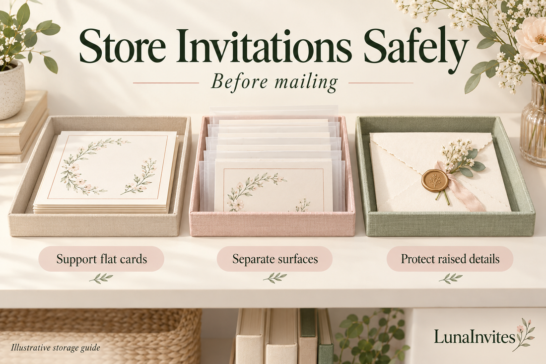 Guida illustrata LunaInvites alla conservazione con cartoncini distesi, superfici degli inviti separate e una busta decorata protetta dalla pressione.