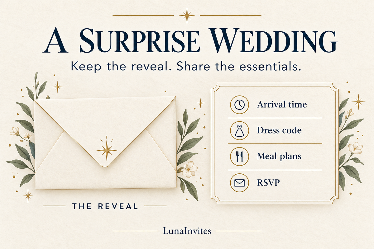 LunaInvites educational illustration showing a surprise envelope beside arrival time, dress code, meal plans, and RSVP details.