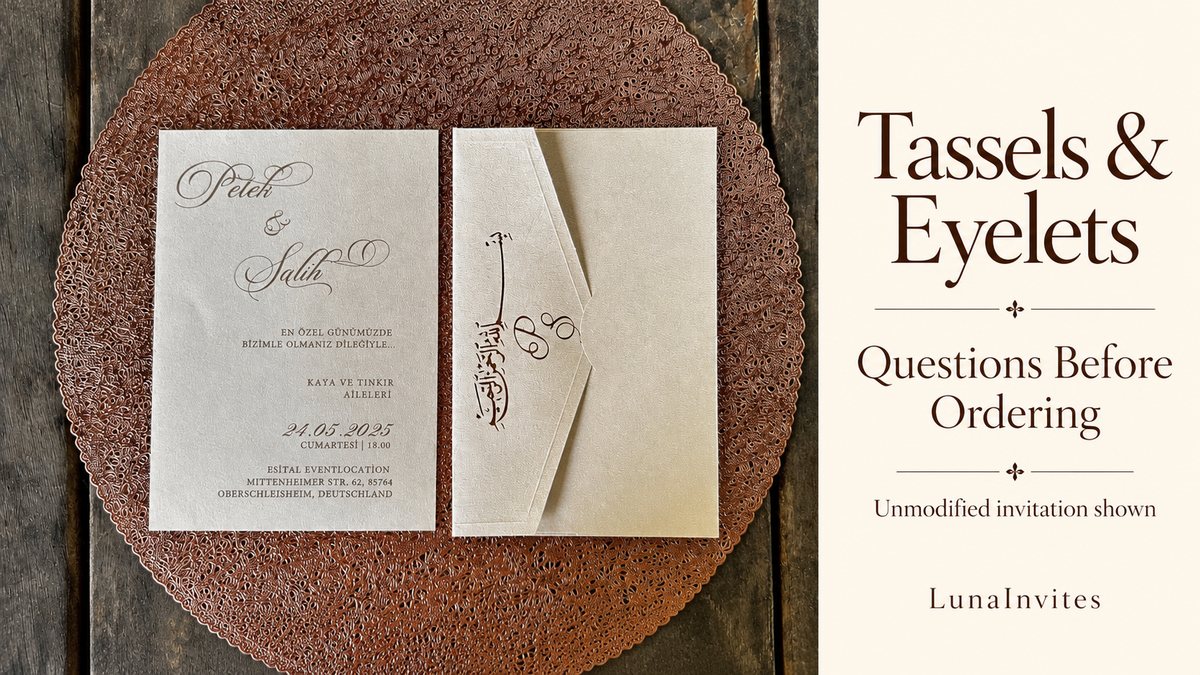 AI-assisted LunaInvites cover with cream invitation and matching envelope, no tassels or eyelets, beside an attachment-ordering checklist title.