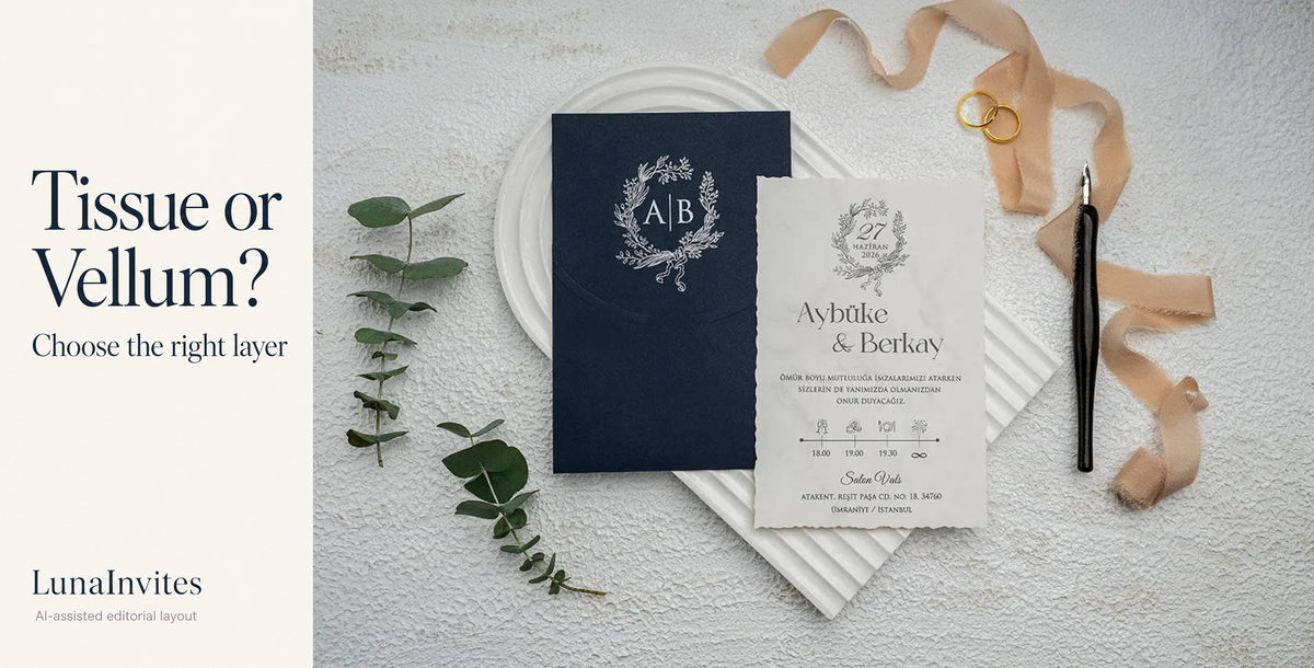 AI-assisted LunaInvites layout showing an ivory deckle-edge paper invitation and navy laurel-monogram envelope beside Tissue or Vellum wording; no added layer.