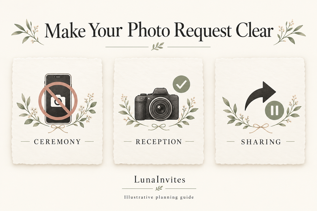 Guida illustrata LunaInvites che distingue le richieste sulle fotografie durante la cerimonia, al ricevimento e sulla condivisione sui social.
