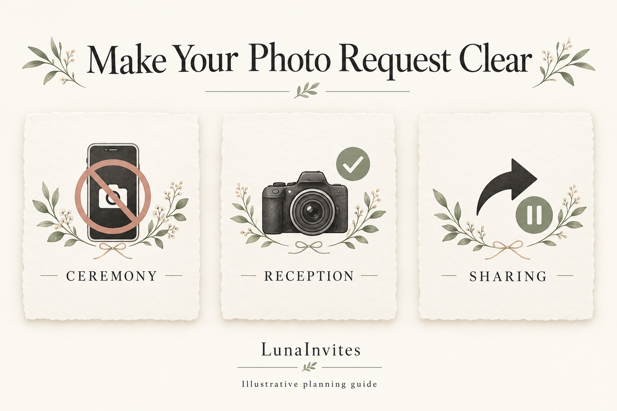 LunaInvites illustrative guide distinguishing ceremony photography, reception photos, and social sharing requests.