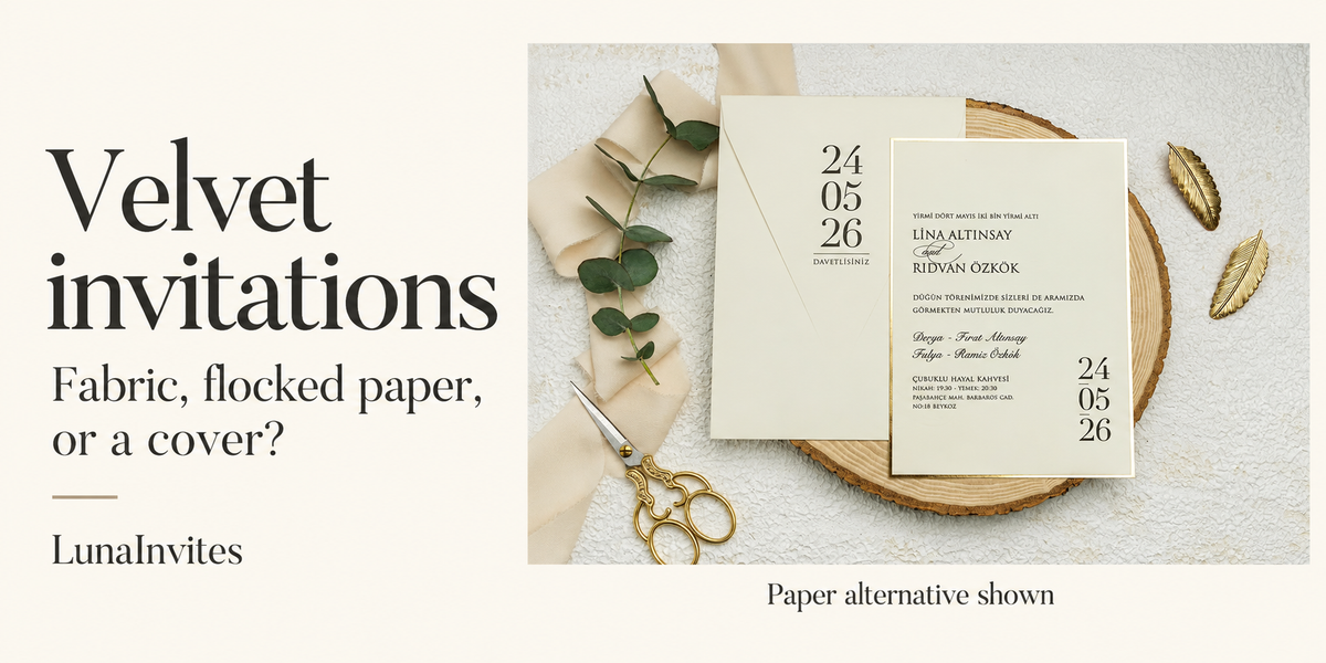 LunaInvites velvet invitation guide beside its beige paper invitation and date-design envelope, labeled Paper alternative shown; AI-assisted editorial layout.