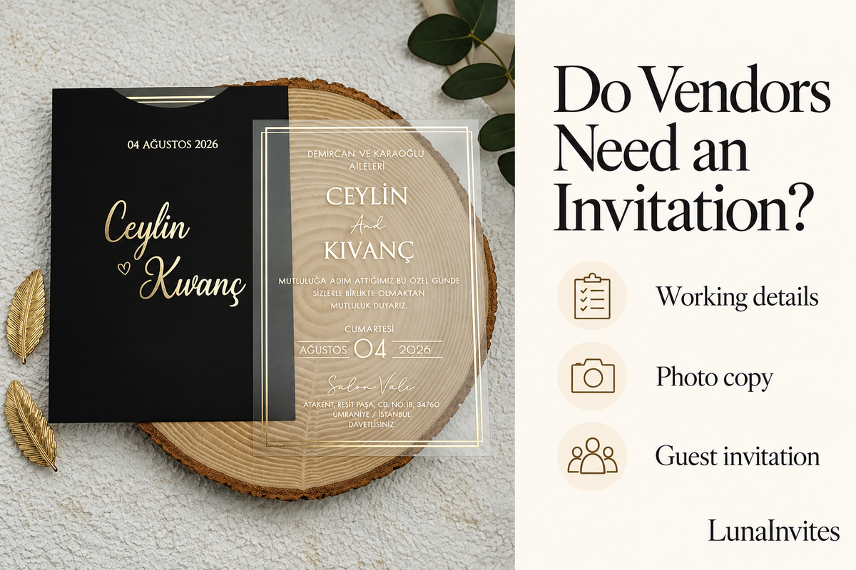 LunaInvites black-envelope clear acrylic invitation beside an editorial guide distinguishing working details, a photo copy, and a guest invitation.