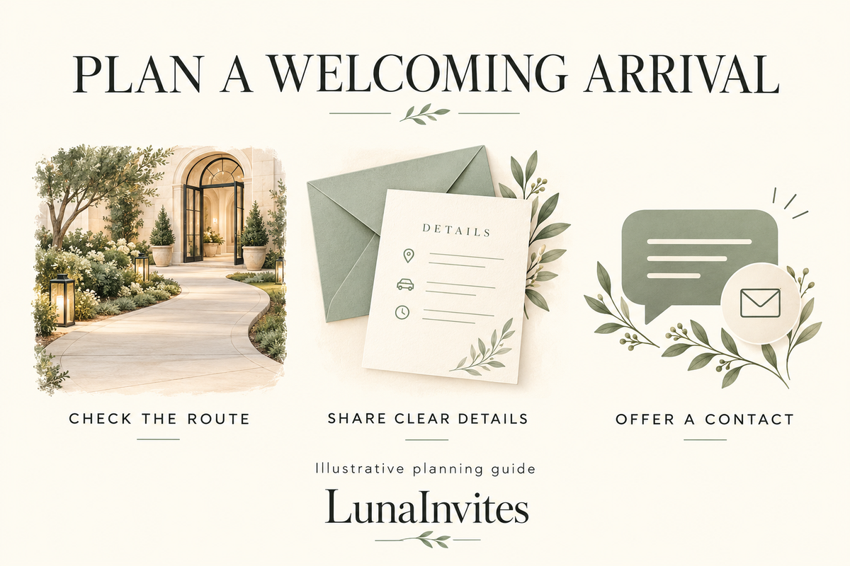 LunaInvites illustrative planning guide: check the venue route, share clear invitation details, and offer a contact.